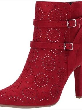 Rialto Red Suede Laser-Cut Ankle Boot with Double Buckle. NEW.